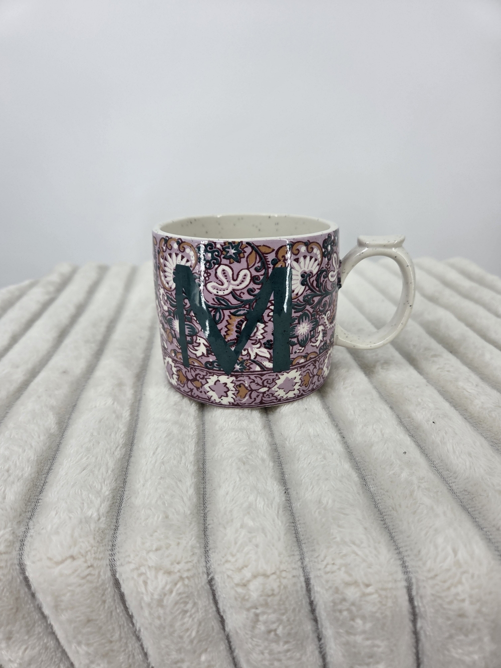 Anthropologie Pink Paisley Mug with Dark Green Monogram